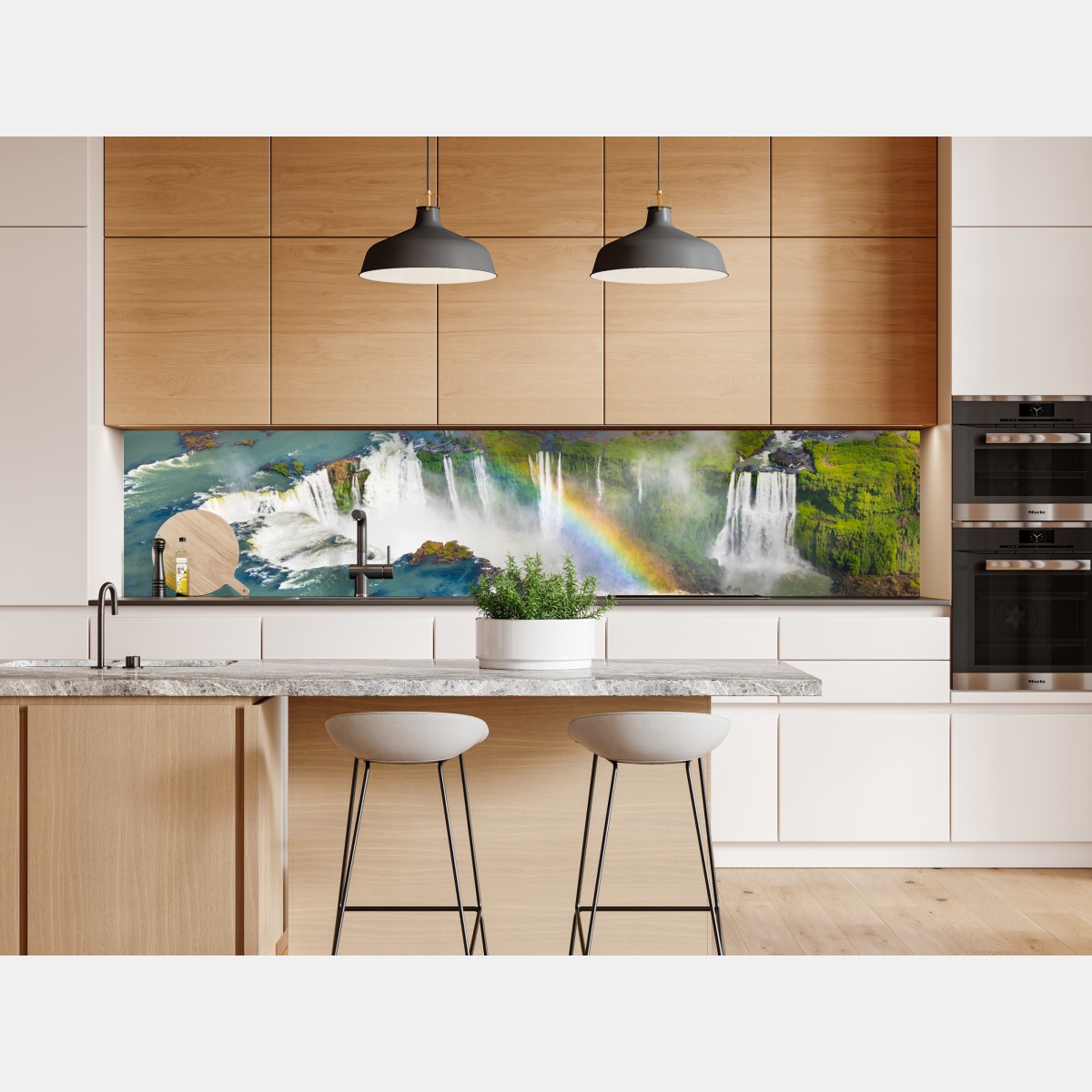 Naklejka repozycjonowalna widok z lotu ptaka tropikalne wodospady z tęczą – Wallissimo® Naklejka repozycjonowalna widok z lotu ptaka tropikalne wodospady z tęczą – Wallissimo®