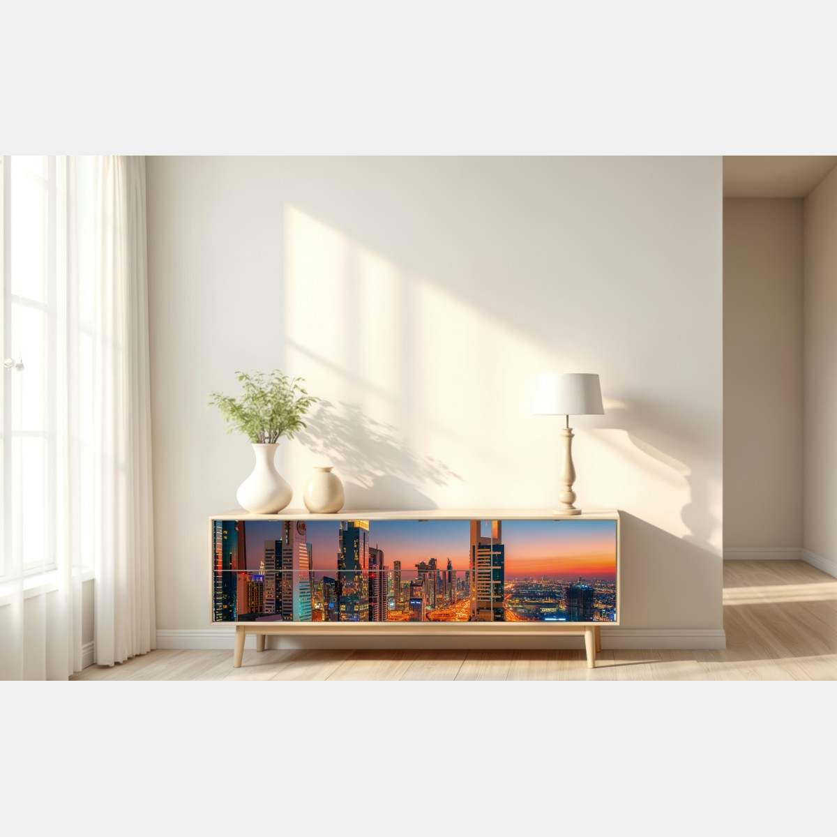 Naklejka repozycjonowalna panorama Dubaju o zmierzchu – Wallissimo® Naklejka repozycjonowalna panorama Dubaju o zmierzchu – Wallissimo®