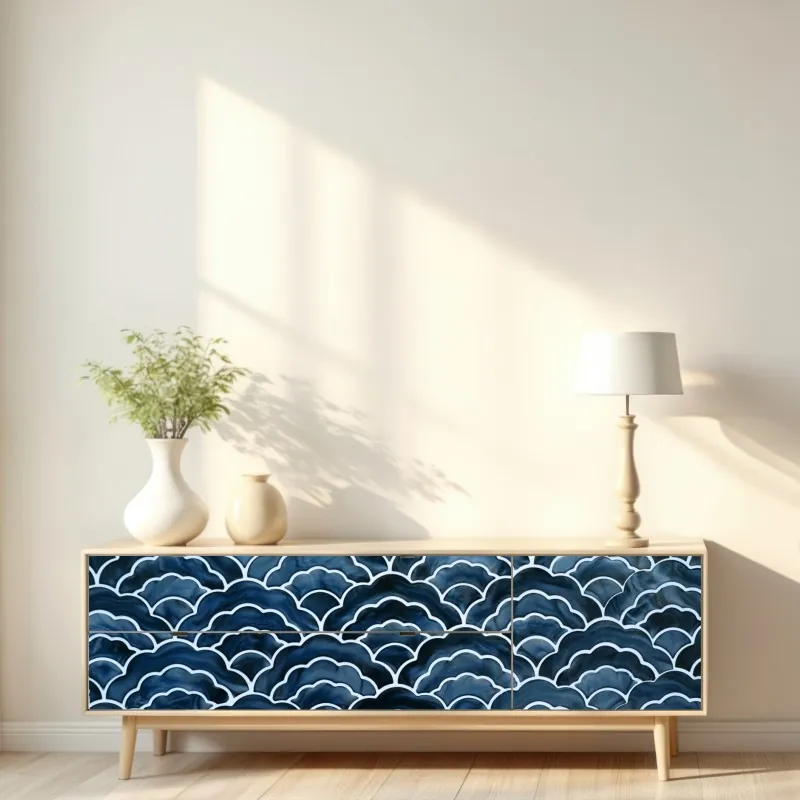 Naklejka repozycjonowalna japoński niebieski wzór seigaiha – Wallissimo® Naklejka repozycjonowalna japoński niebieski wzór seigaiha – Wallissimo®