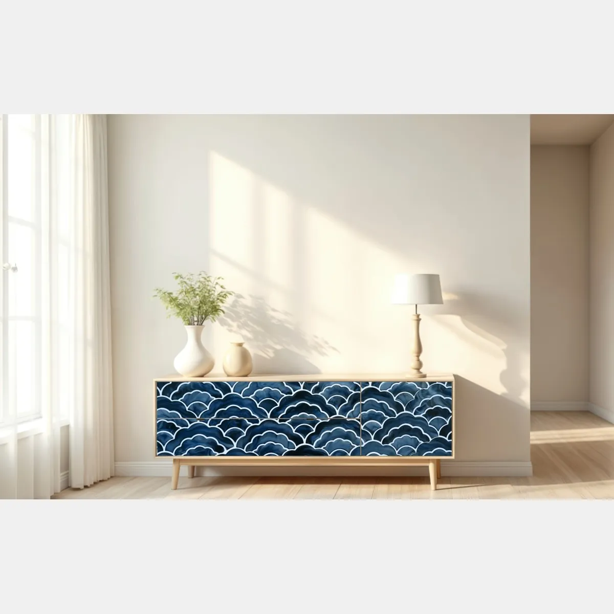 Naklejka repozycjonowalna japoński niebieski wzór seigaiha – Wallissimo® Naklejka repozycjonowalna japoński niebieski wzór seigaiha – Wallissimo®