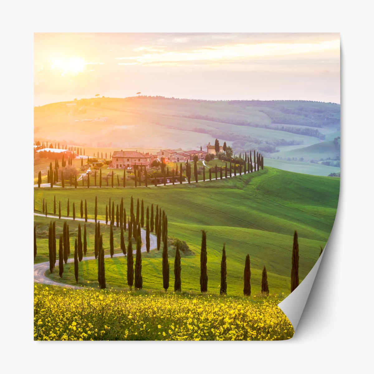 Repositionable sticker sunrise over rolling hills in Tuscany