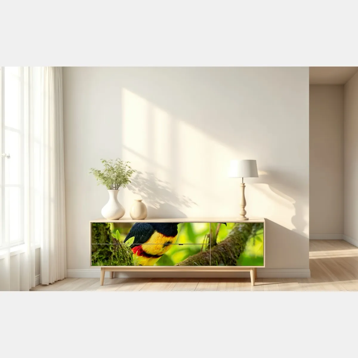 Naklejka repozycjonowalna żywy tukan aracari w tropikalnej dżungli – Wallissimo® Naklejka repozycjonowalna żywy tukan aracari w tropikalnej dżungli – Wallissimo®