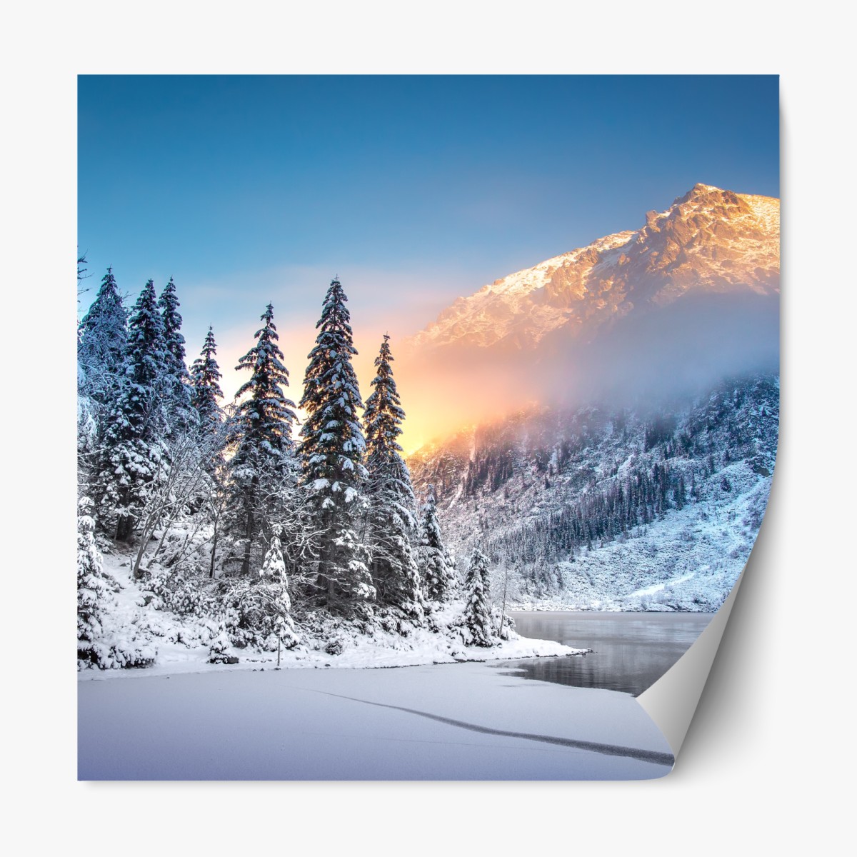 Repositionable sticker winter sunrise over snowy mountain lake