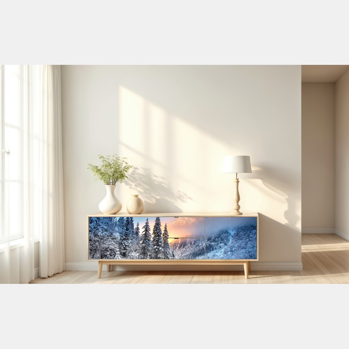 Naklejka repozycjonowalna zima o wschodzie nad zaśnieżonym jeziorem górskim – Wallissimo® Naklejka repozycjonowalna zima o wschodzie nad zaśnieżonym jeziorem górskim – Wallissimo®