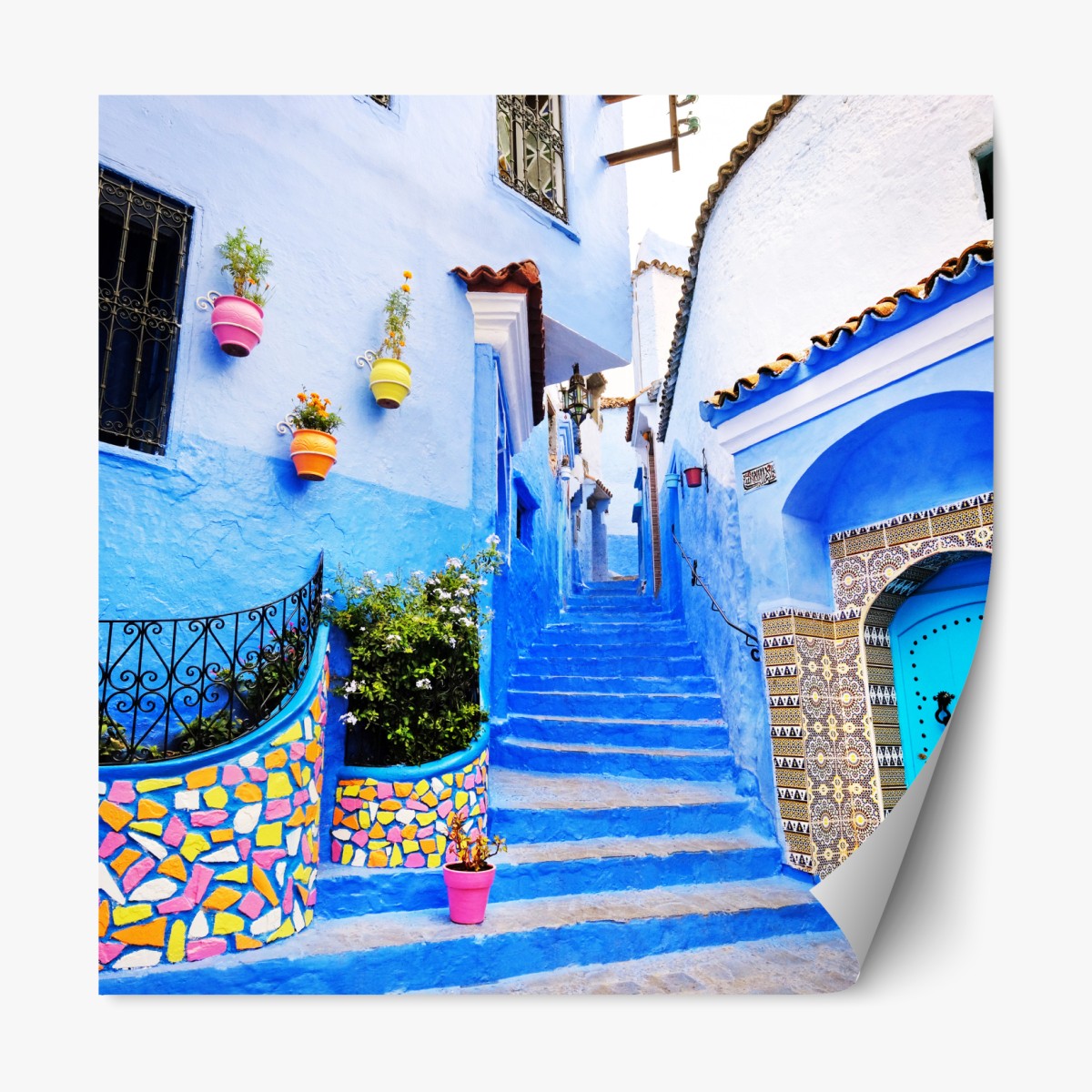 Repositionable sticker blue medina stairway in Chefchaouen