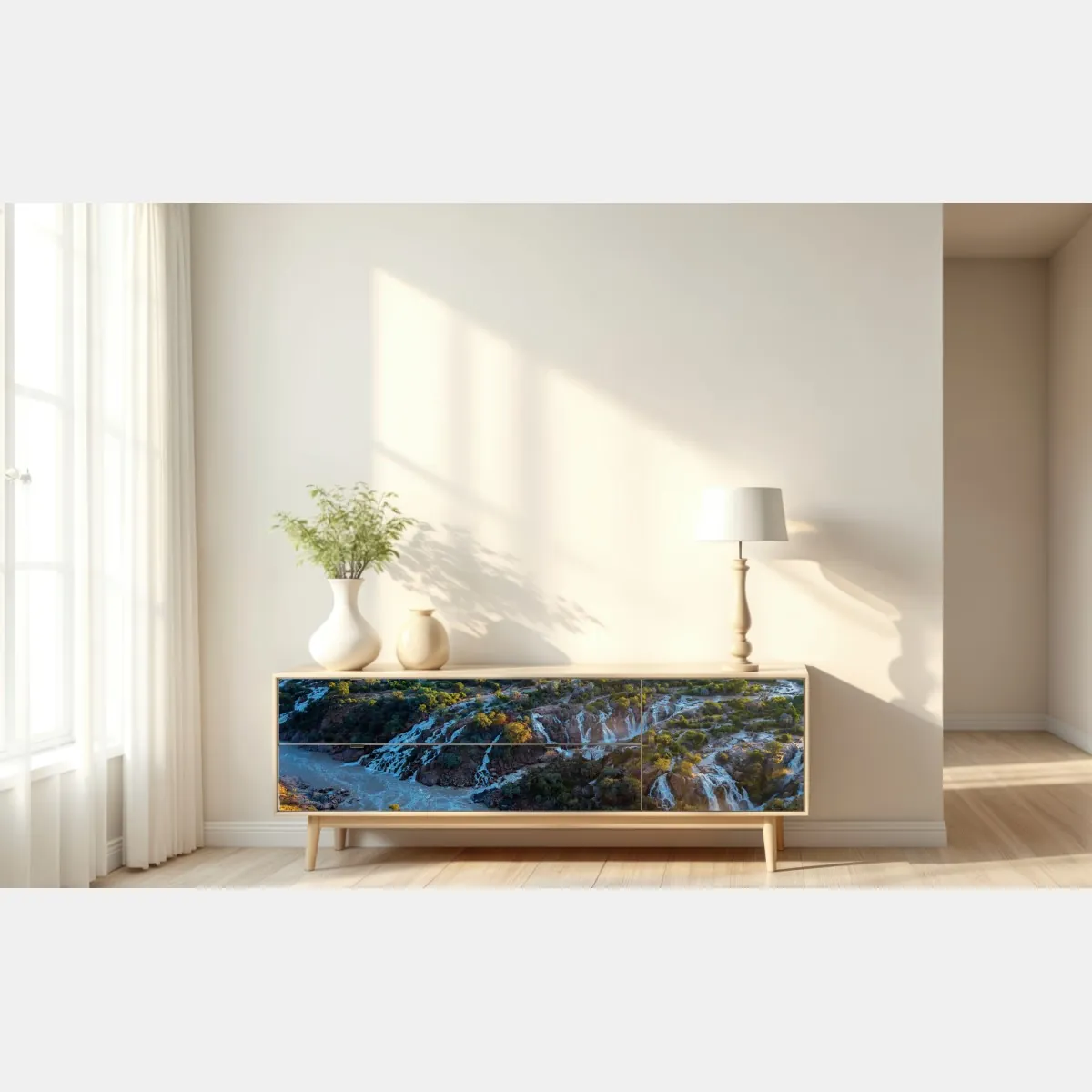 Naklejka repozycjonowalna wschód słońca nad Epupa Falls i rzeką Kunene – Wallissimo® Naklejka repozycjonowalna wschód słońca nad Epupa Falls i rzeką Kunene – Wallissimo®