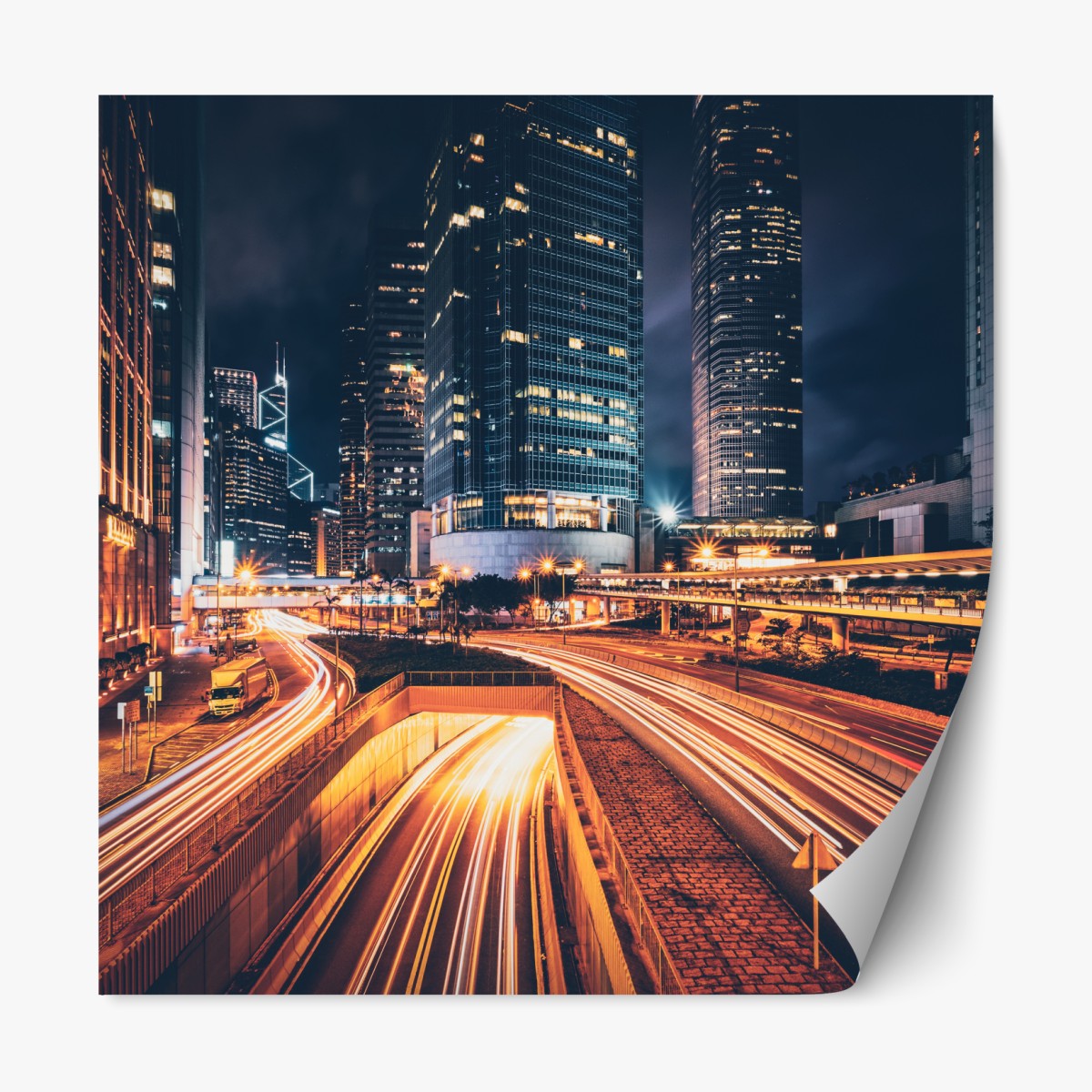 Repositionable sticker night city light trails over urban highway