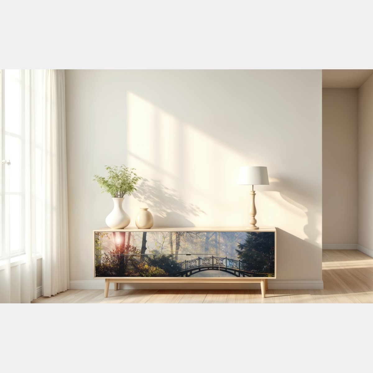 Naklejka repozycjonowalna mglisty jesienny most z łabędziem – Wallissimo® Naklejka repozycjonowalna mglisty jesienny most z łabędziem – Wallissimo®