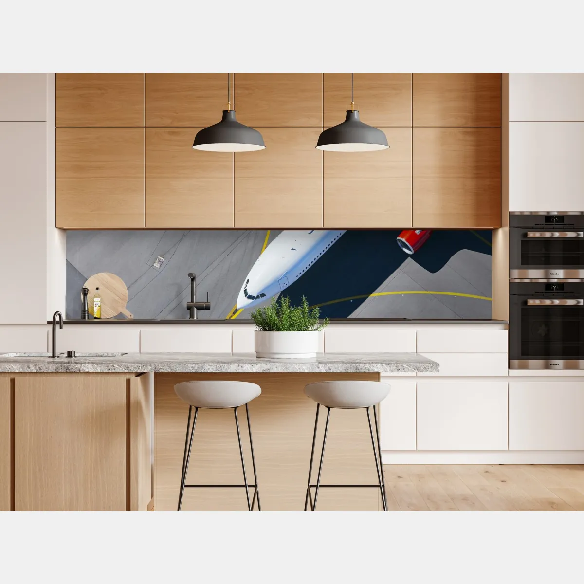 Naklejka repozycjonowalna widok z lotu ptaka na samolot na płycie lotniska – Wallissimo® Naklejka repozycjonowalna widok z lotu ptaka na samolot na płycie lotniska – Wallissimo®