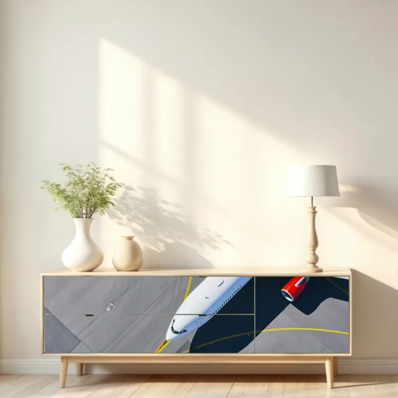 Naklejka repozycjonowalna widok z lotu ptaka na samolot na płycie lotniska – Wallissimo® Naklejka repozycjonowalna widok z lotu ptaka na samolot na płycie lotniska – Wallissimo®