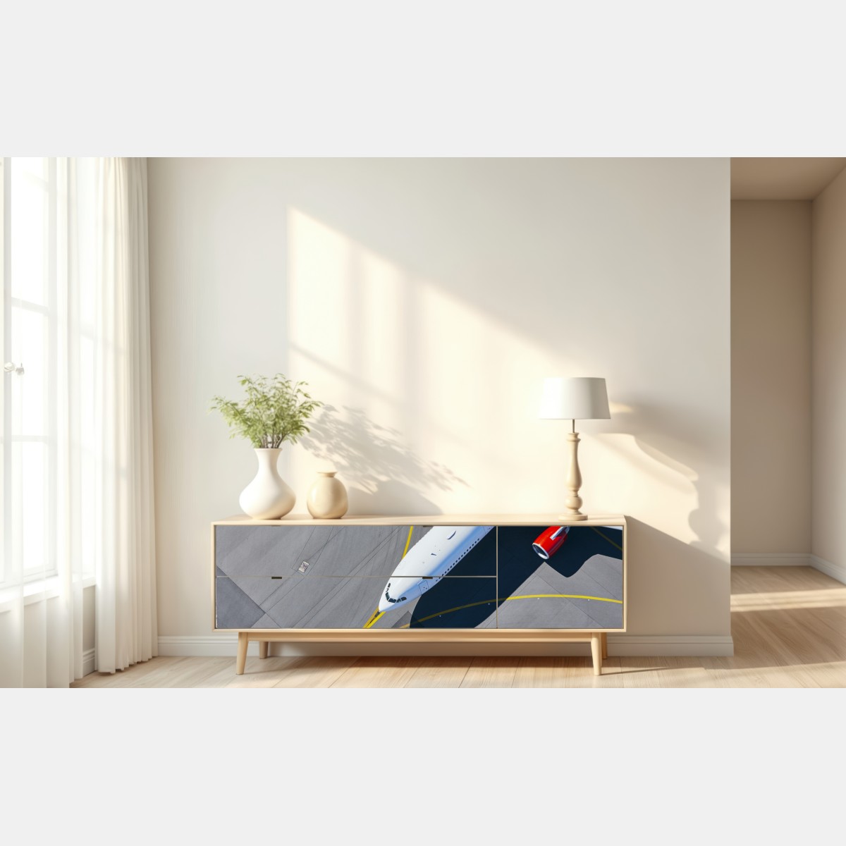 Naklejka repozycjonowalna widok z lotu ptaka na samolot na płycie lotniska – Wallissimo® Naklejka repozycjonowalna widok z lotu ptaka na samolot na płycie lotniska – Wallissimo®