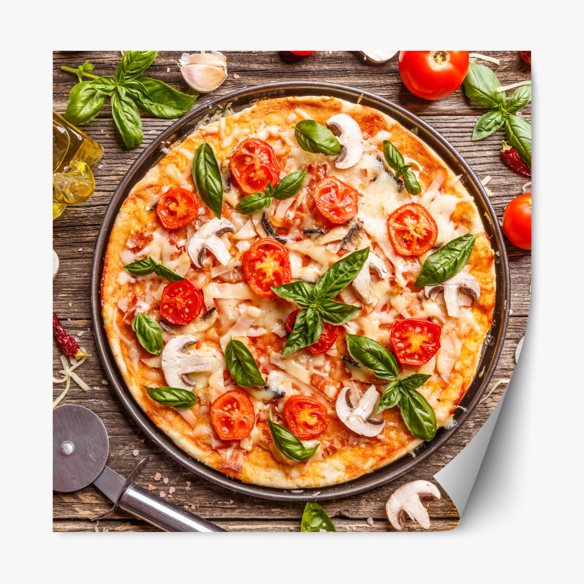 Repositionable sticker fresh pizza with basil and cherry tomatoes