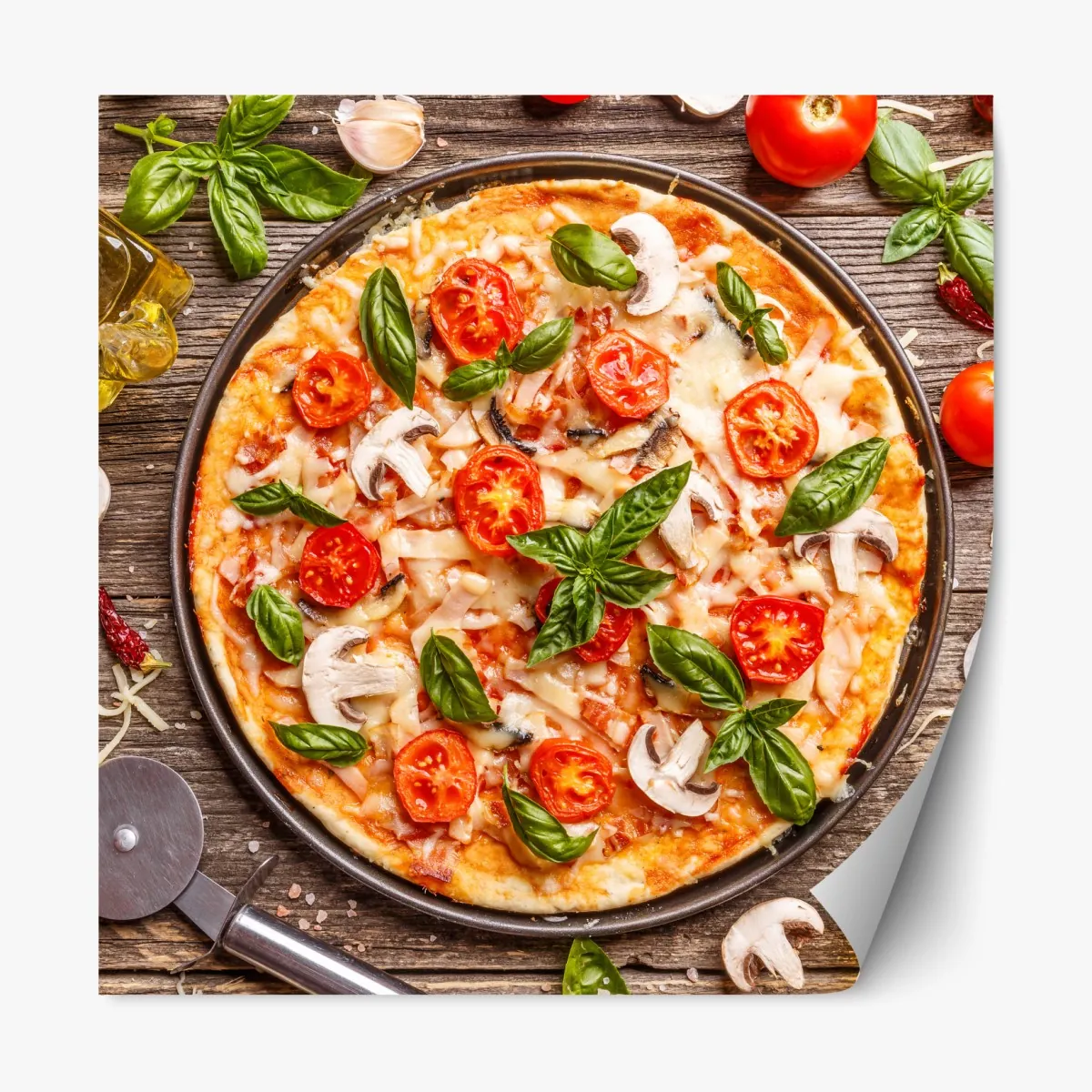 Naklejka repozycjonowalna świeża pizza z bazylią i pomidorkami koktajlowymi – Wallissimo® Naklejka repozycjonowalna świeża pizza z bazylią i pomidorkami koktajlowymi – Wallissimo®