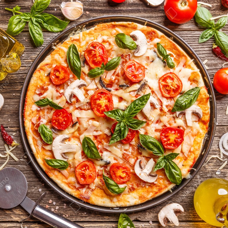 Naklejka repozycjonowalna świeża pizza z bazylią i pomidorkami koktajlowymi – Wallissimo® Naklejka repozycjonowalna świeża pizza z bazylią i pomidorkami koktajlowymi – Wallissimo®