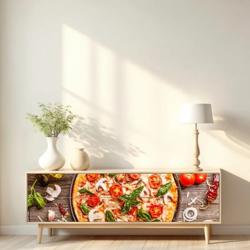 Naklejka repozycjonowalna świeża pizza z bazylią i pomidorkami koktajlowymi – Wallissimo® Naklejka repozycjonowalna świeża pizza z bazylią i pomidorkami koktajlowymi – Wallissimo®