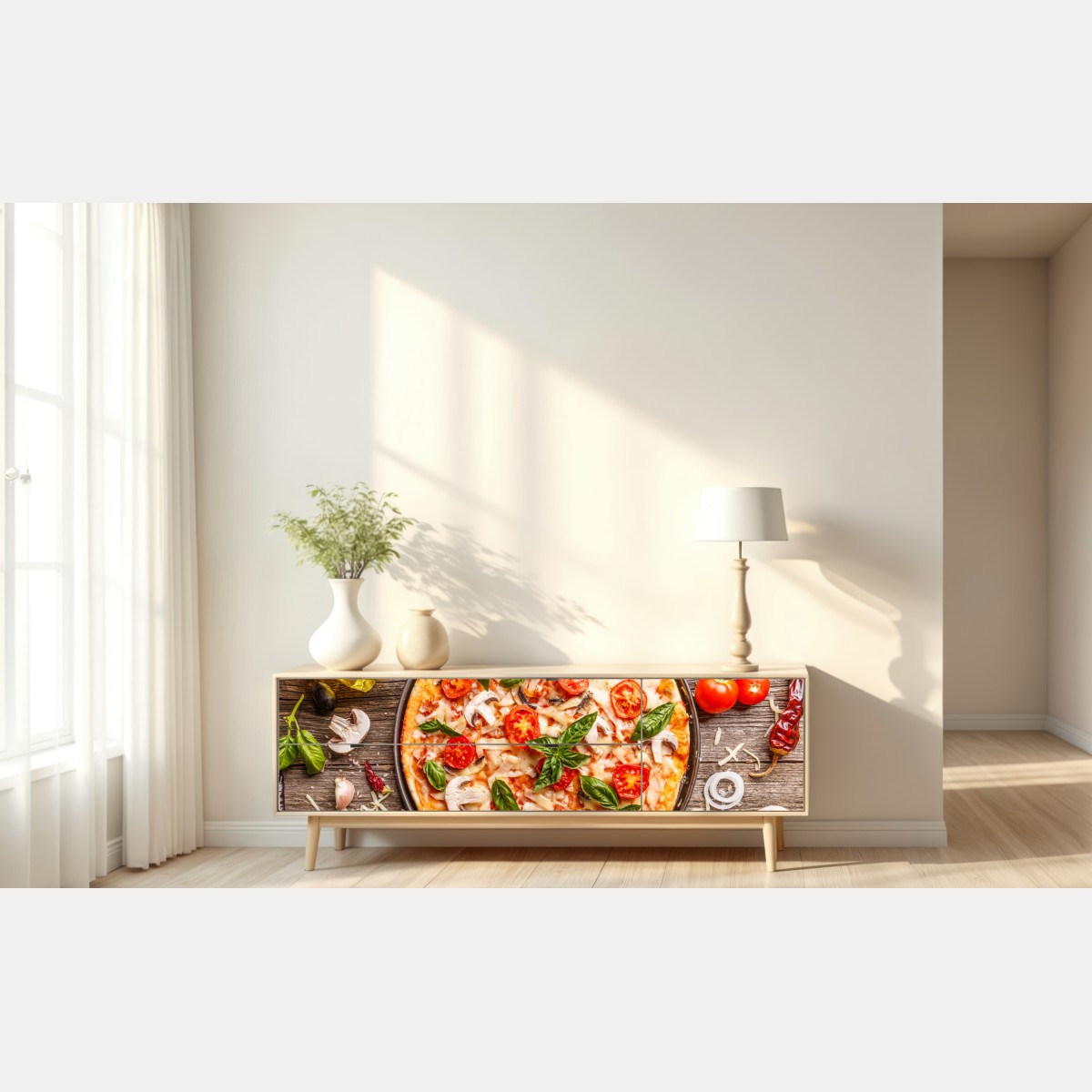 Naklejka repozycjonowalna świeża pizza z bazylią i pomidorkami koktajlowymi – Wallissimo® Naklejka repozycjonowalna świeża pizza z bazylią i pomidorkami koktajlowymi – Wallissimo®