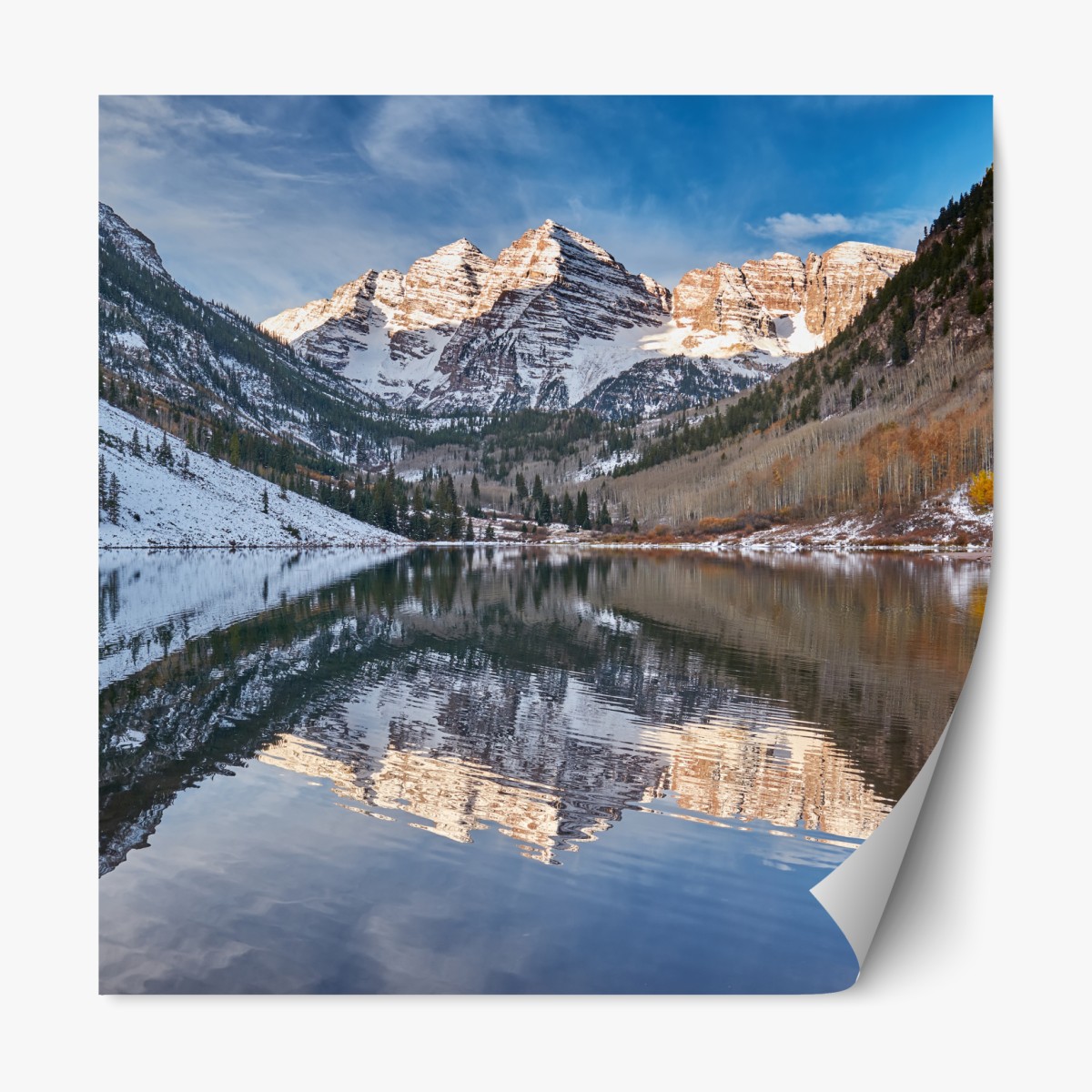 Repositionable sticker serene alpine lake reflecting snow-covered peaks and autumn trees