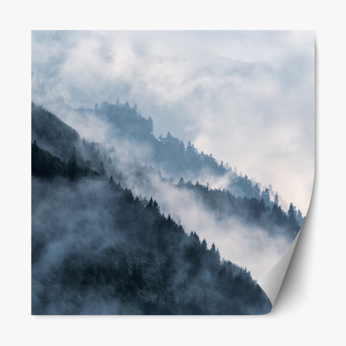 Repositionable sticker mist-covered mountain ridges