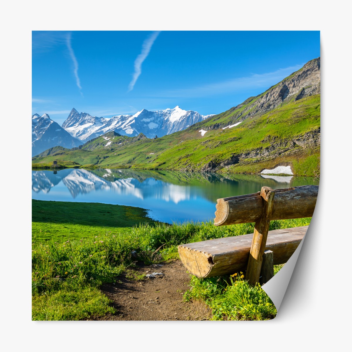 Repositionable sticker alpine lake with wooden bench