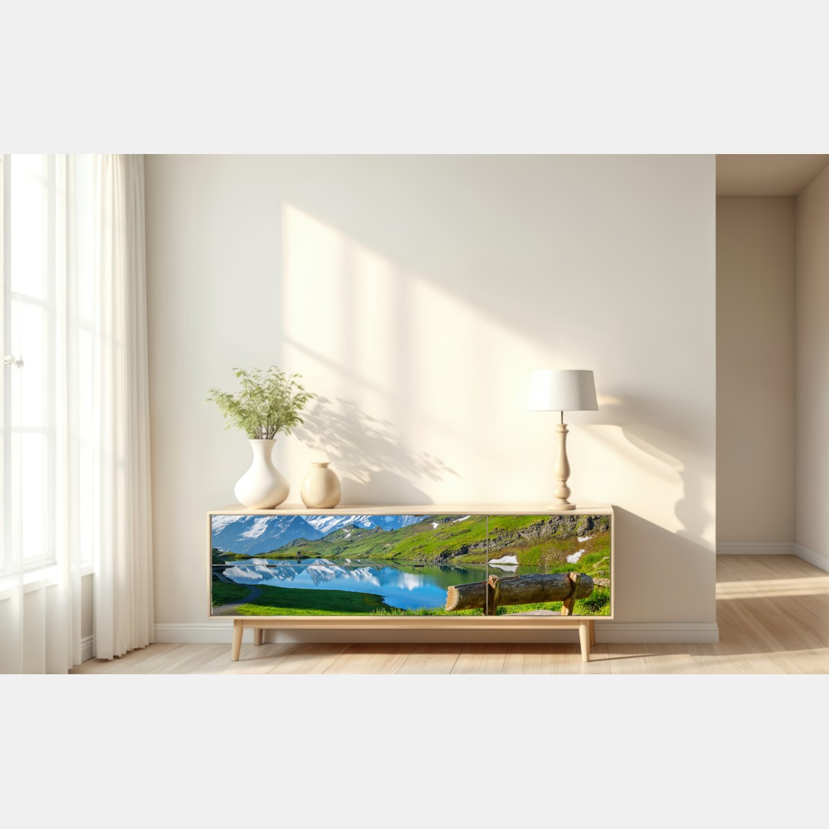 Naklejka repozycjonowalna alpejskie jezioro z drewnianą ławką – Wallissimo® Naklejka repozycjonowalna alpejskie jezioro z drewnianą ławką – Wallissimo®