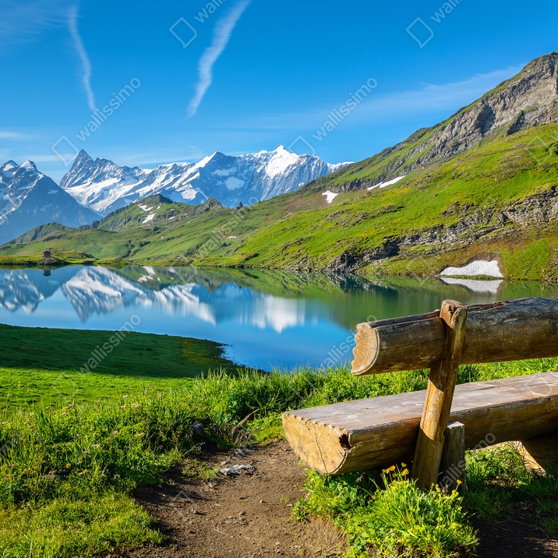 Naklejka repozycjonowalna alpejskie jezioro z drewnianą ławką – Wallissimo® Naklejka repozycjonowalna alpejskie jezioro z drewnianą ławką – Wallissimo®