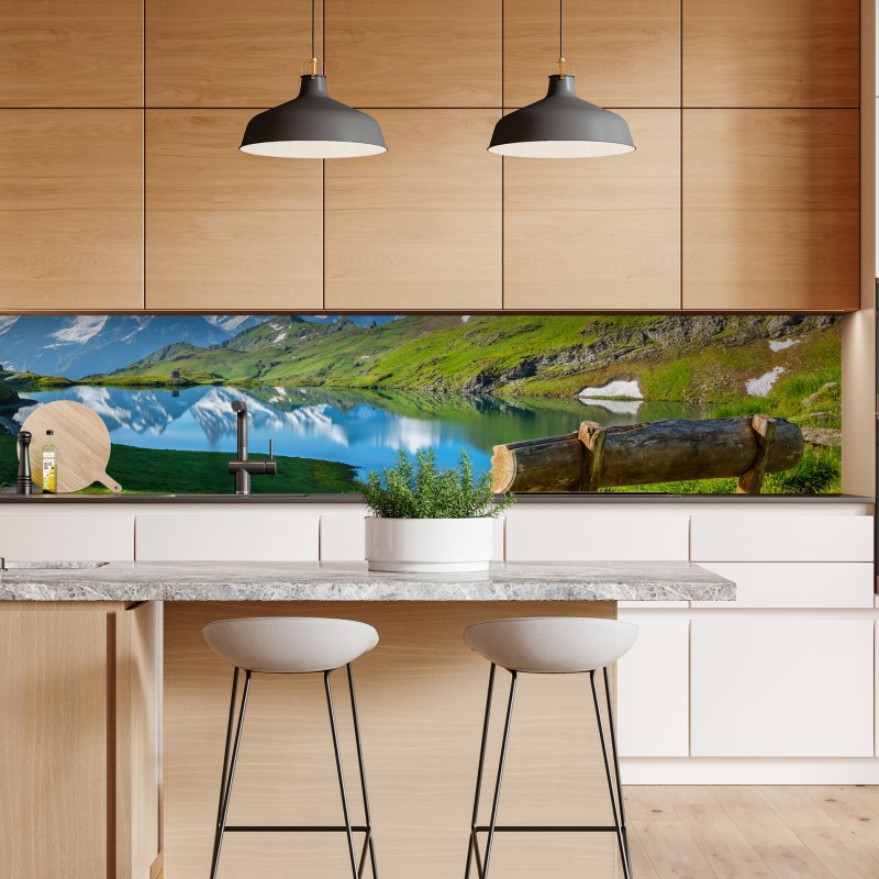 Naklejka repozycjonowalna alpejskie jezioro z drewnianą ławką – Wallissimo® Naklejka repozycjonowalna alpejskie jezioro z drewnianą ławką – Wallissimo®
