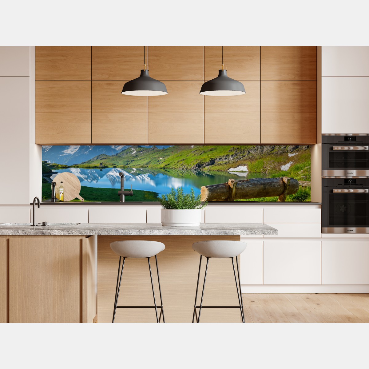 Naklejka repozycjonowalna alpejskie jezioro z drewnianą ławką – Wallissimo® Naklejka repozycjonowalna alpejskie jezioro z drewnianą ławką – Wallissimo®