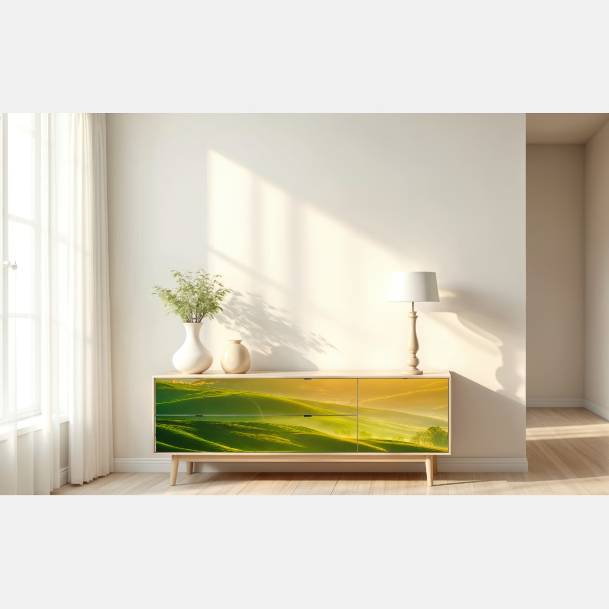 Naklejka repozycjonowalna złoty wschód słońca nad zielonymi falującymi wzgórzami – Wallissimo® Naklejka repozycjonowalna złoty wschód słońca nad zielonymi falującymi wzgórzami – Wallissimo®