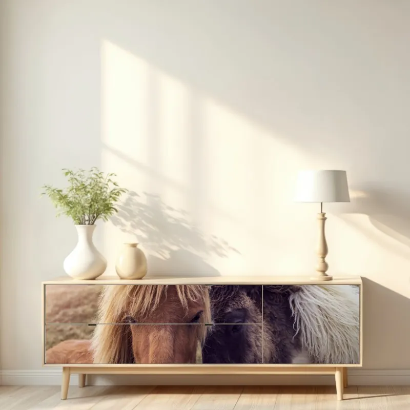 Naklejka repozycjonowalna dwa konie na mglistym wzgórzu, Wyspy Owcze – Wallissimo® Naklejka repozycjonowalna dwa konie na mglistym wzgórzu, Wyspy Owcze – Wallissimo®