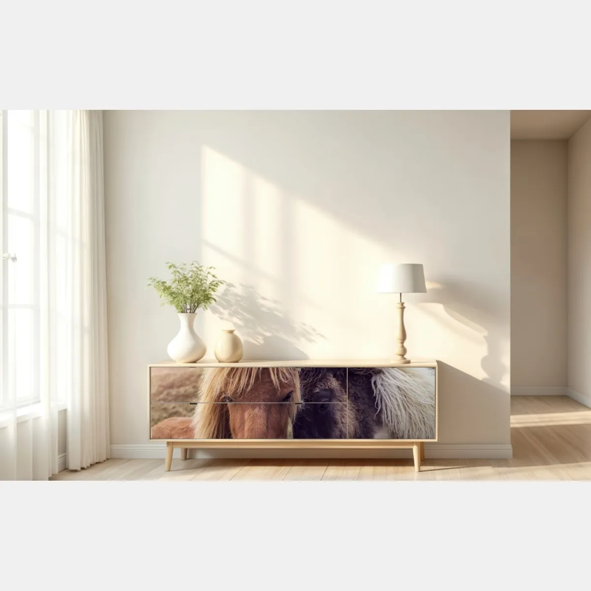 Naklejka repozycjonowalna dwa konie na mglistym wzgórzu, Wyspy Owcze – Wallissimo® Naklejka repozycjonowalna dwa konie na mglistym wzgórzu, Wyspy Owcze – Wallissimo®