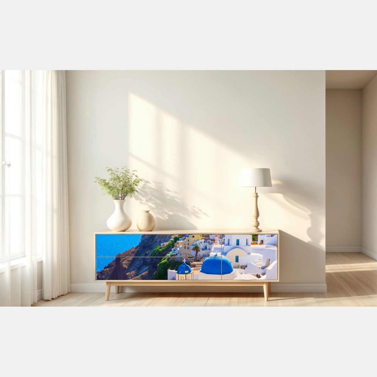 Naklejka repozycjonowalna Santorini niebieskie kopuły i białe domy – Wallissimo® Naklejka repozycjonowalna Santorini niebieskie kopuły i białe domy – Wallissimo®