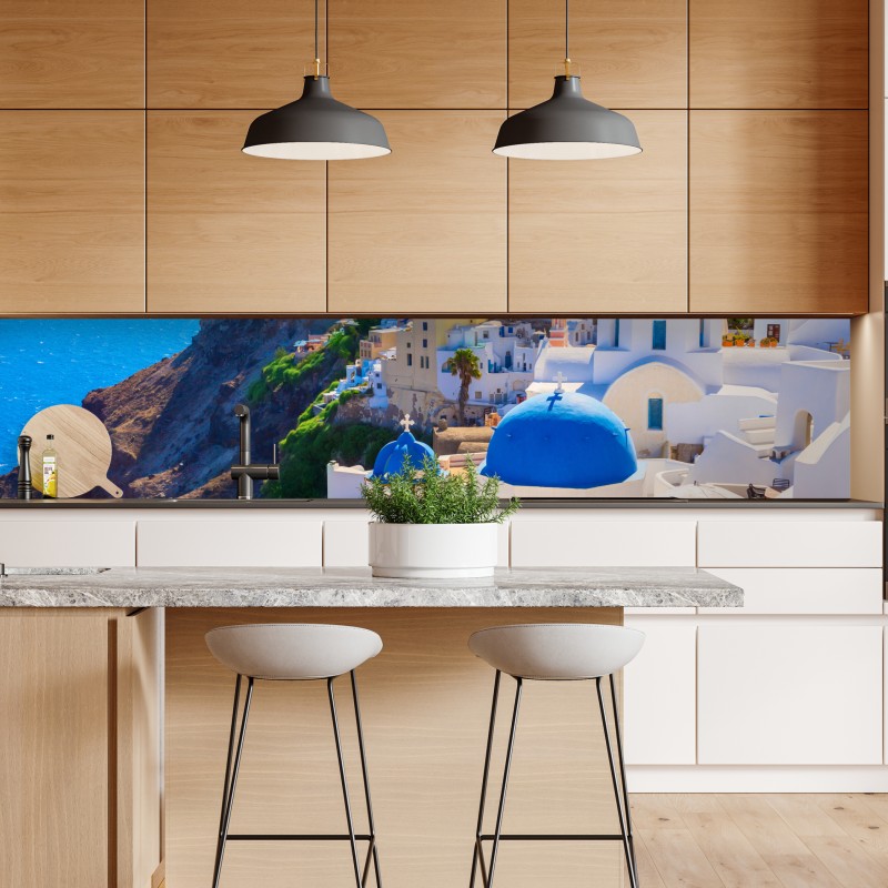Naklejka repozycjonowalna Santorini niebieskie kopuły i białe domy – Wallissimo® Naklejka repozycjonowalna Santorini niebieskie kopuły i białe domy – Wallissimo®