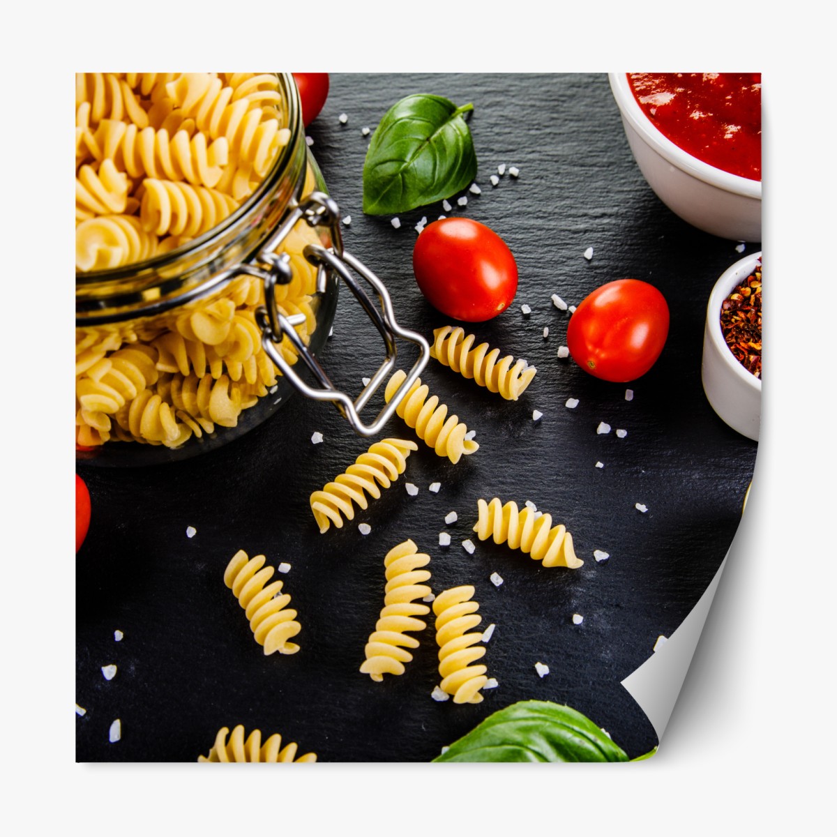 Repositionable sticker pasta ingredients flat lay with tomatoes and basil