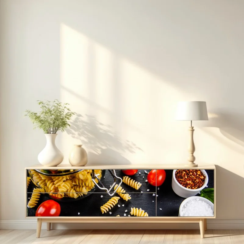 Naklejka repozycjonowalna składniki do makaronu widok z góry z pomidorami i bazylią – Wallissimo® Naklejka repozycjonowalna składniki do makaronu widok z góry z pomidorami i bazylią – Wallissimo®