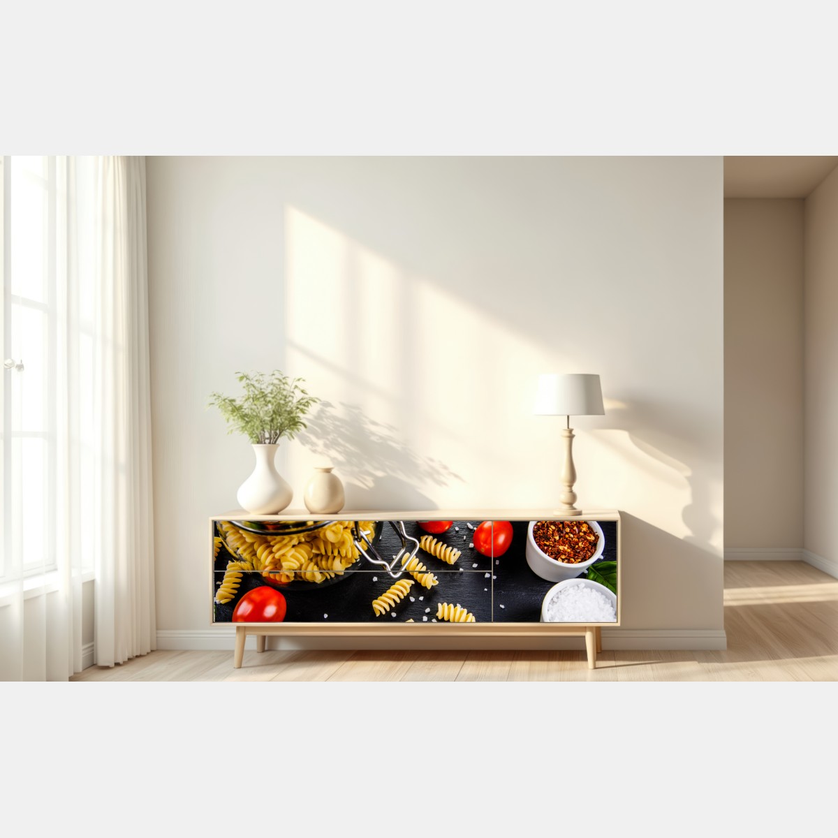 Naklejka repozycjonowalna składniki do makaronu widok z góry z pomidorami i bazylią – Wallissimo® Naklejka repozycjonowalna składniki do makaronu widok z góry z pomidorami i bazylią – Wallissimo®