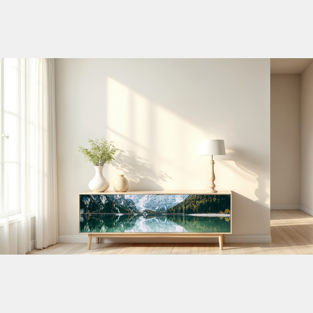 Naklejka repozycjonowalna spokojne odbicia na jeziorze Pragser Wildsee – Wallissimo® Naklejka repozycjonowalna spokojne odbicia na jeziorze Pragser Wildsee – Wallissimo®