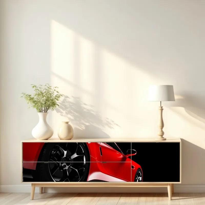 Naklejka repozycjonowalna zbliżenie czerwonego samochodu sportowego – Wallissimo® Naklejka repozycjonowalna zbliżenie czerwonego samochodu sportowego – Wallissimo®