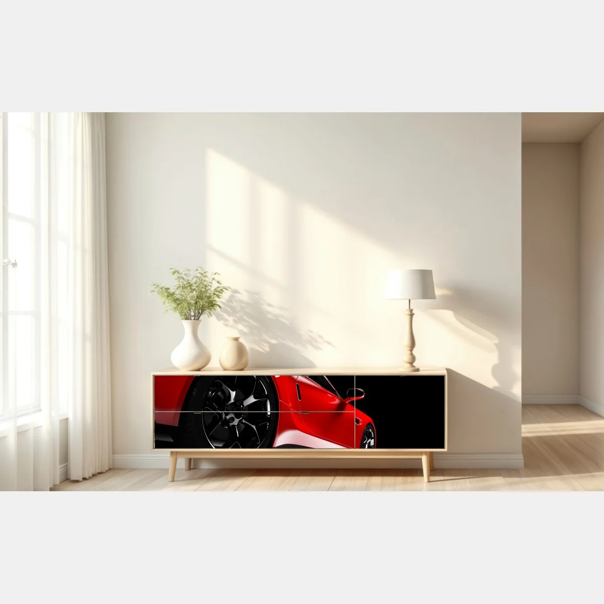 Naklejka repozycjonowalna zbliżenie czerwonego samochodu sportowego – Wallissimo® Naklejka repozycjonowalna zbliżenie czerwonego samochodu sportowego – Wallissimo®