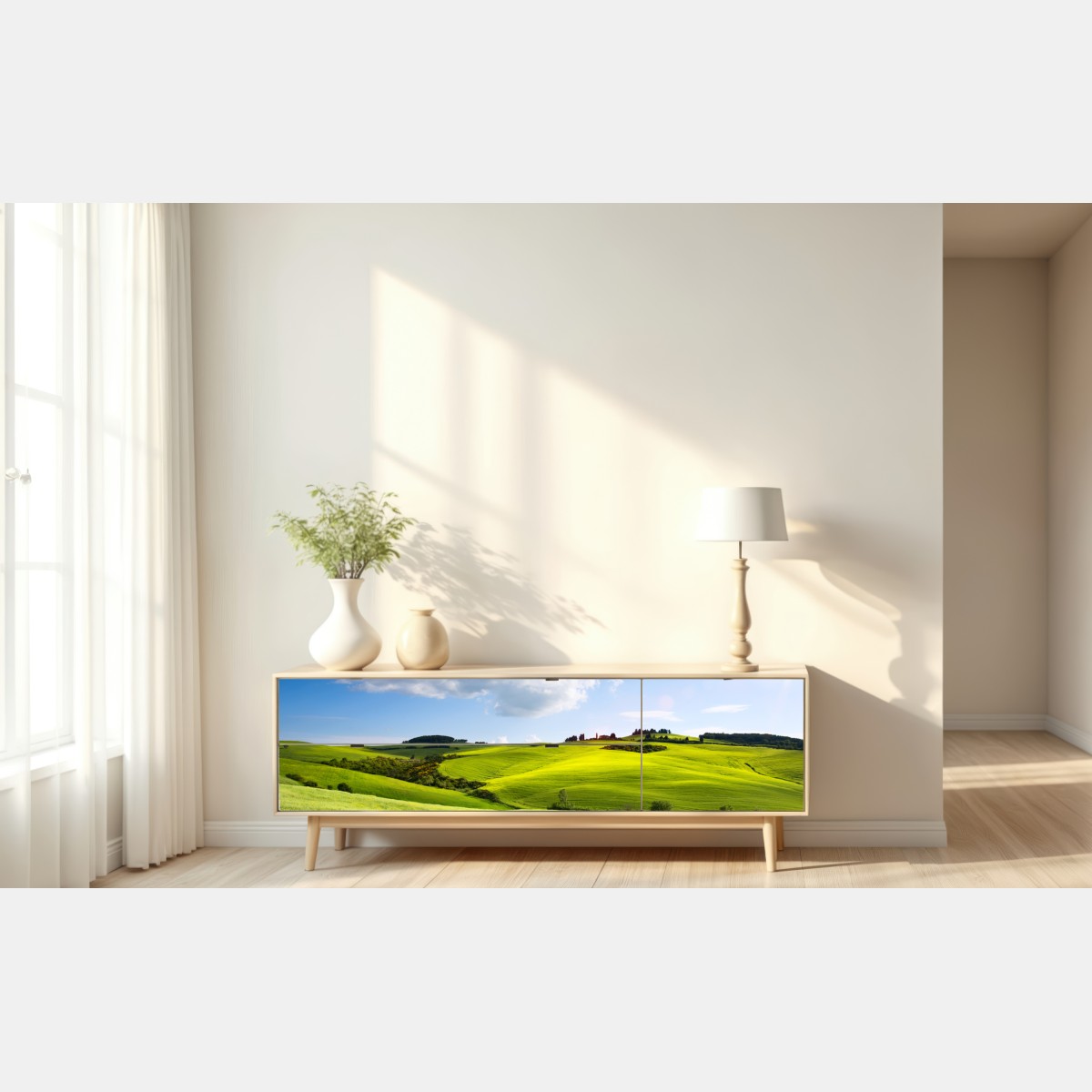 Naklejka repozycjonowalna Toskania zielone wzgórza o zachodzie słońca – Wallissimo® Naklejka repozycjonowalna Toskania zielone wzgórza o zachodzie słońca – Wallissimo®