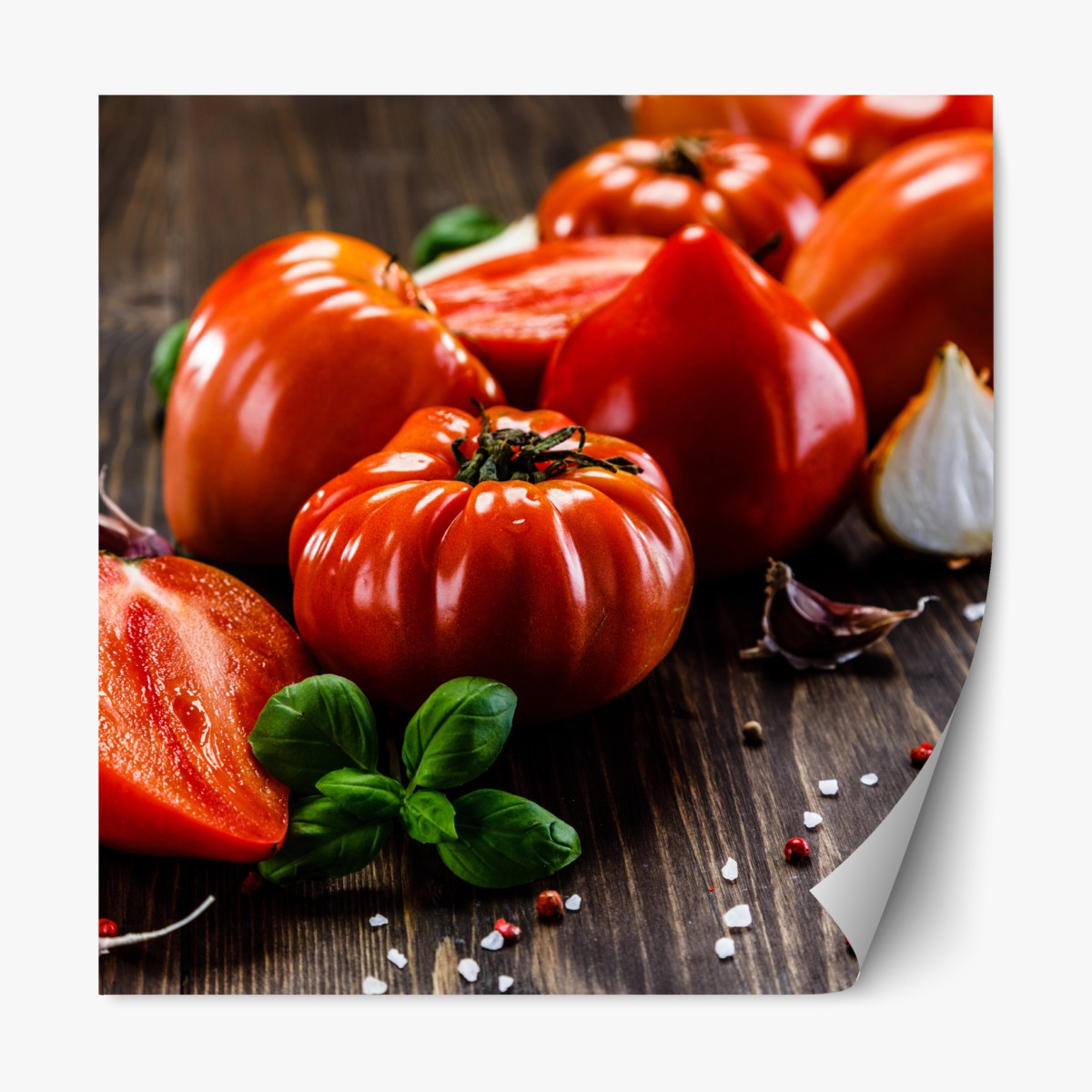 Repositionable sticker ripe heirloom tomatoes on a rustic wooden table