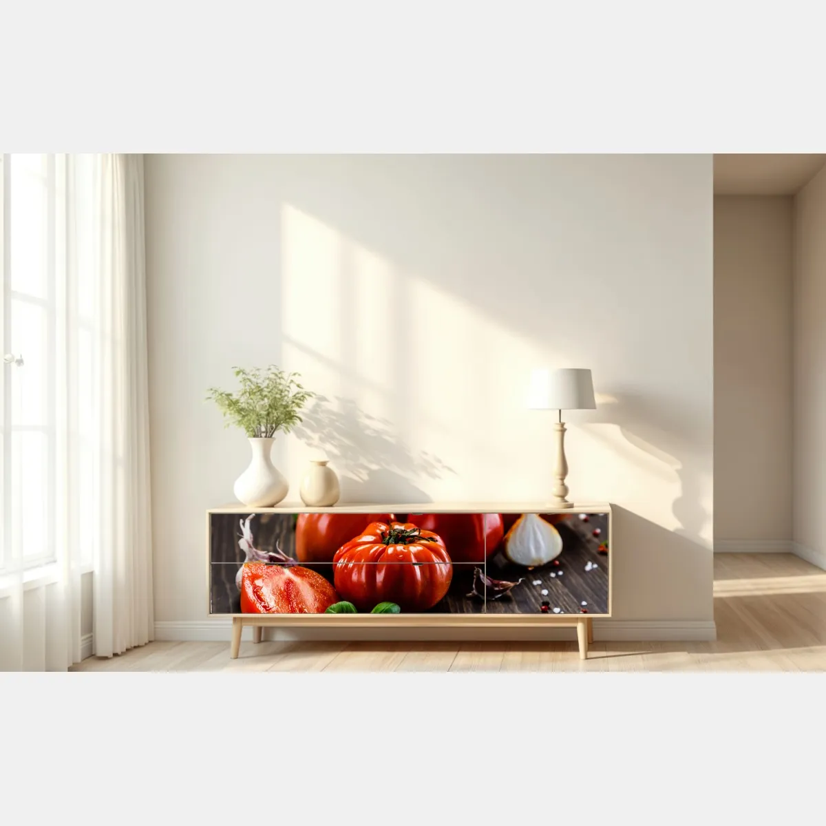 Naklejka repozycjonowalna dojrzałe pomidory na rustykalnym stole – Wallissimo® Naklejka repozycjonowalna dojrzałe pomidory na rustykalnym stole – Wallissimo®