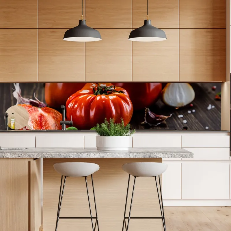 Naklejka repozycjonowalna dojrzałe pomidory na rustykalnym stole – Wallissimo® Naklejka repozycjonowalna dojrzałe pomidory na rustykalnym stole – Wallissimo®