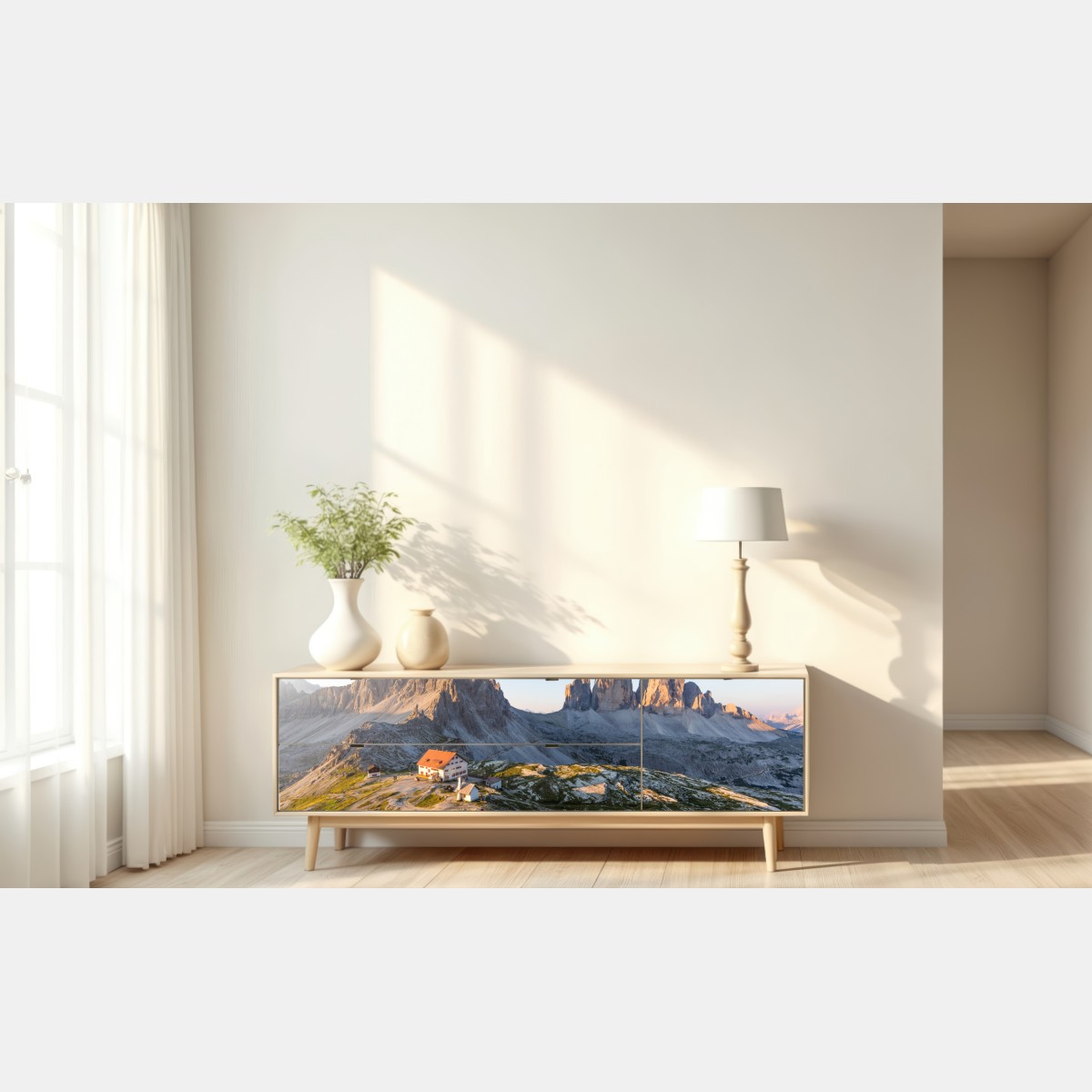 Naklejka repozycjonowalna oświetlone słońcem schronisko w górach – Wallissimo® Naklejka repozycjonowalna oświetlone słońcem schronisko w górach – Wallissimo®