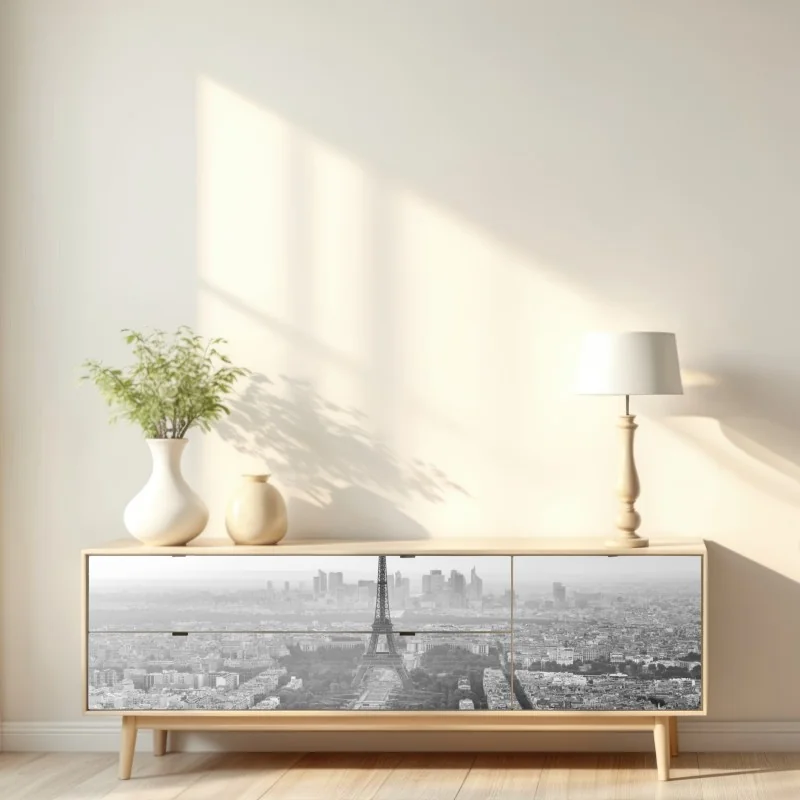 Naklejka repozycjonowalna elegancka Wieża Eiffla panorama lotnicza w odcieniach szarości – Wallissimo® Naklejka repozycjonowalna elegancka Wieża Eiffla panorama lotnicza w odcieniach szarości – Wallissimo®