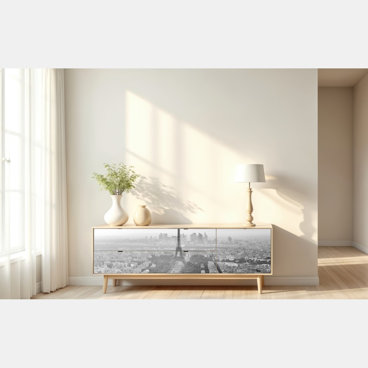 Naklejka repozycjonowalna elegancka Wieża Eiffla panorama lotnicza w odcieniach szarości – Wallissimo® Naklejka repozycjonowalna elegancka Wieża Eiffla panorama lotnicza w odcieniach szarości – Wallissimo®