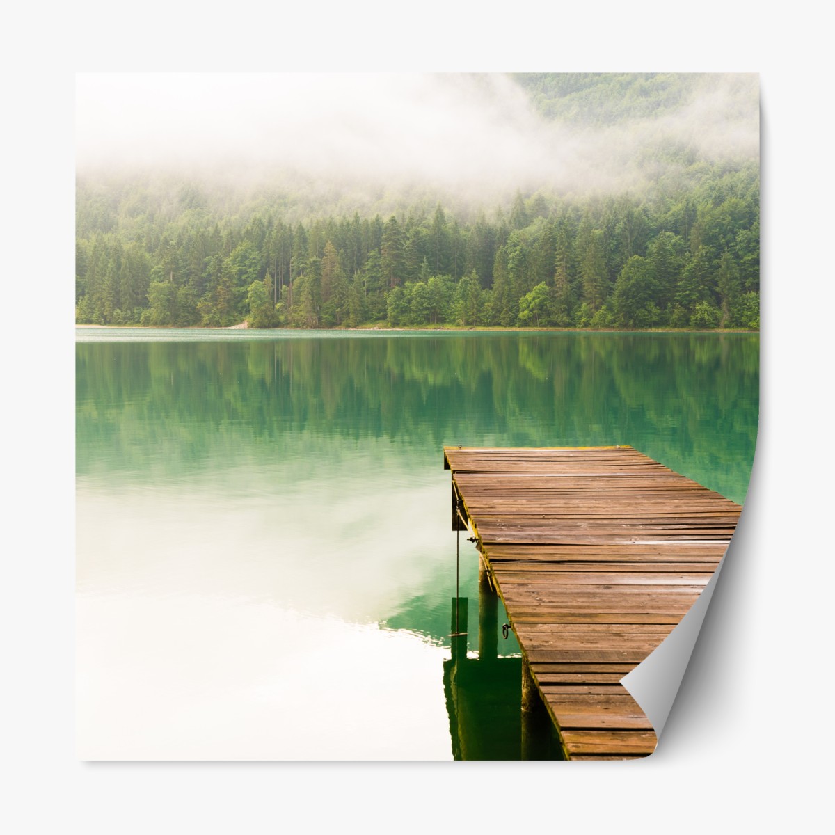 Repositionable sticker misty lake with wooden jetty