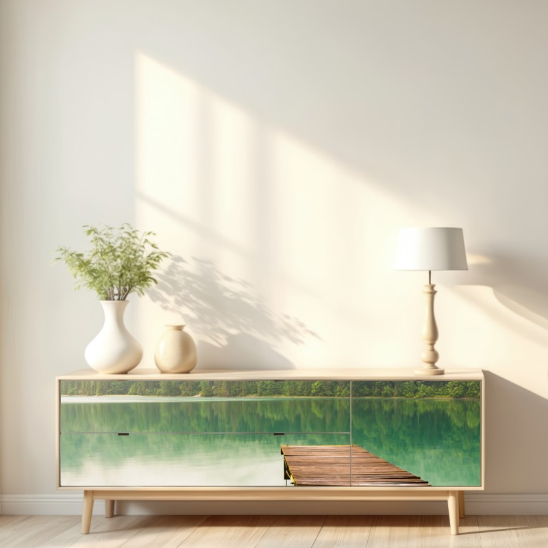 Naklejka repozycjonowalna mglisty widok jeziora z drewnianym pomostem – Wallissimo® Naklejka repozycjonowalna mglisty widok jeziora z drewnianym pomostem – Wallissimo®