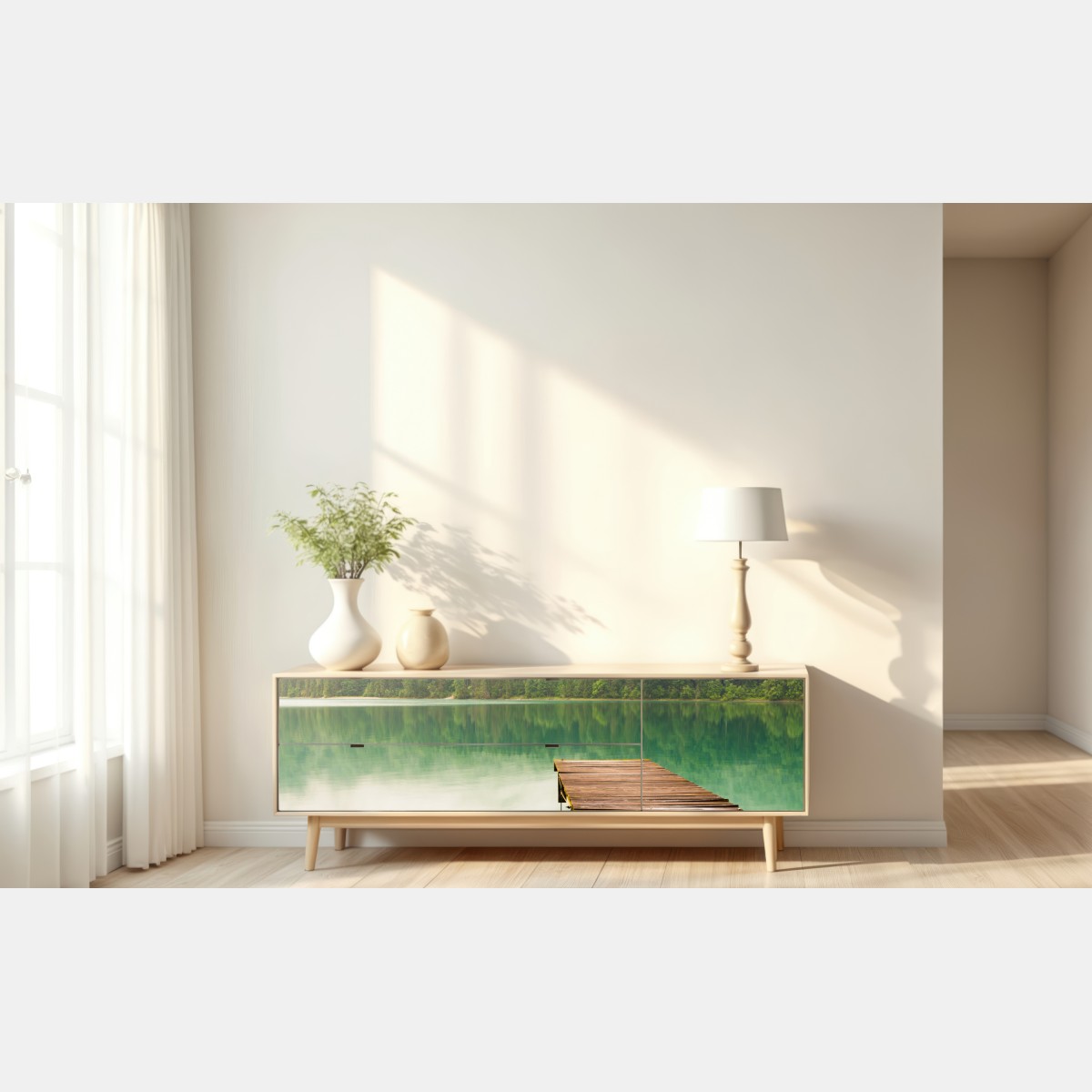 Naklejka repozycjonowalna mglisty widok jeziora z drewnianym pomostem – Wallissimo® Naklejka repozycjonowalna mglisty widok jeziora z drewnianym pomostem – Wallissimo®