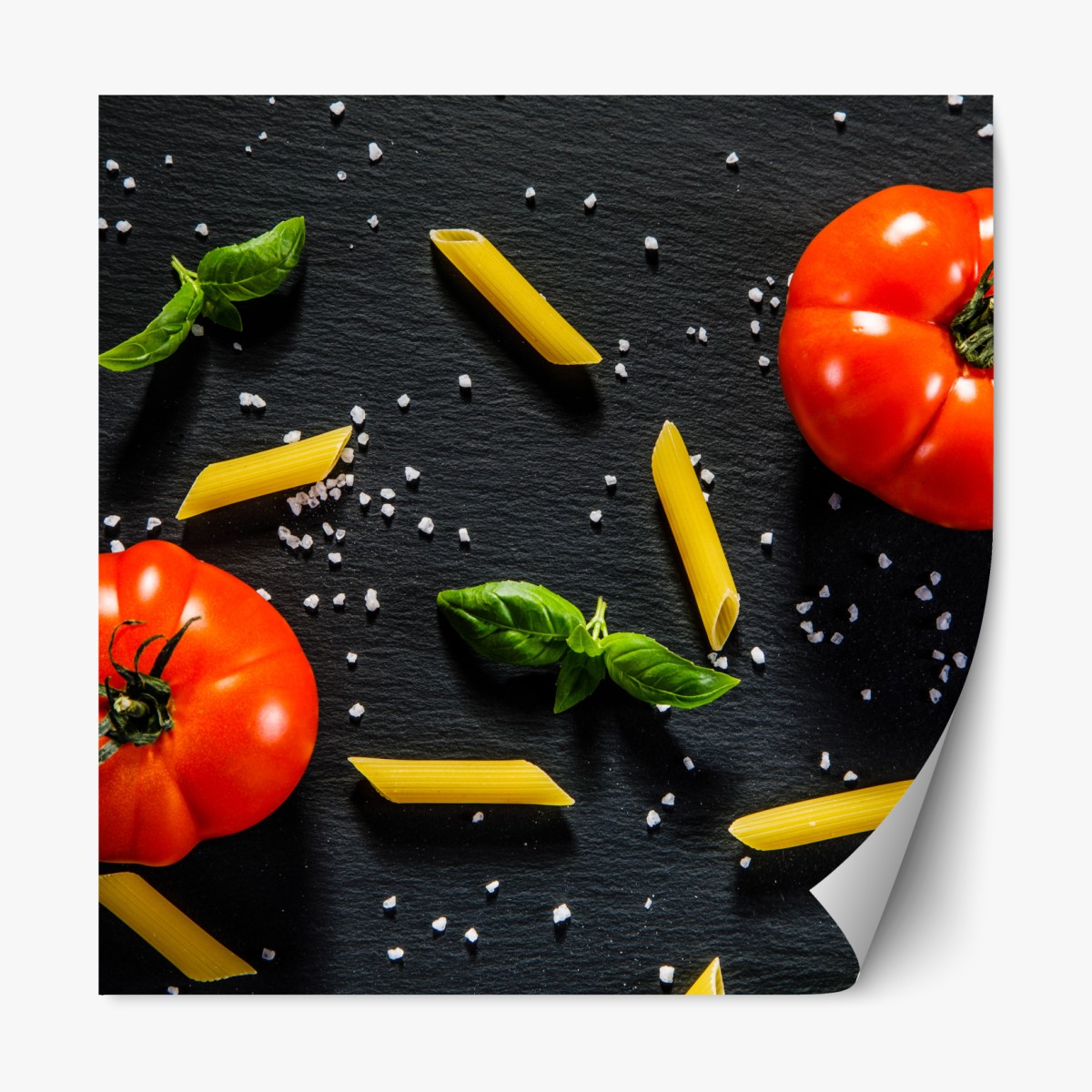 Repositionable sticker tomato and pasta flat lay on black slate