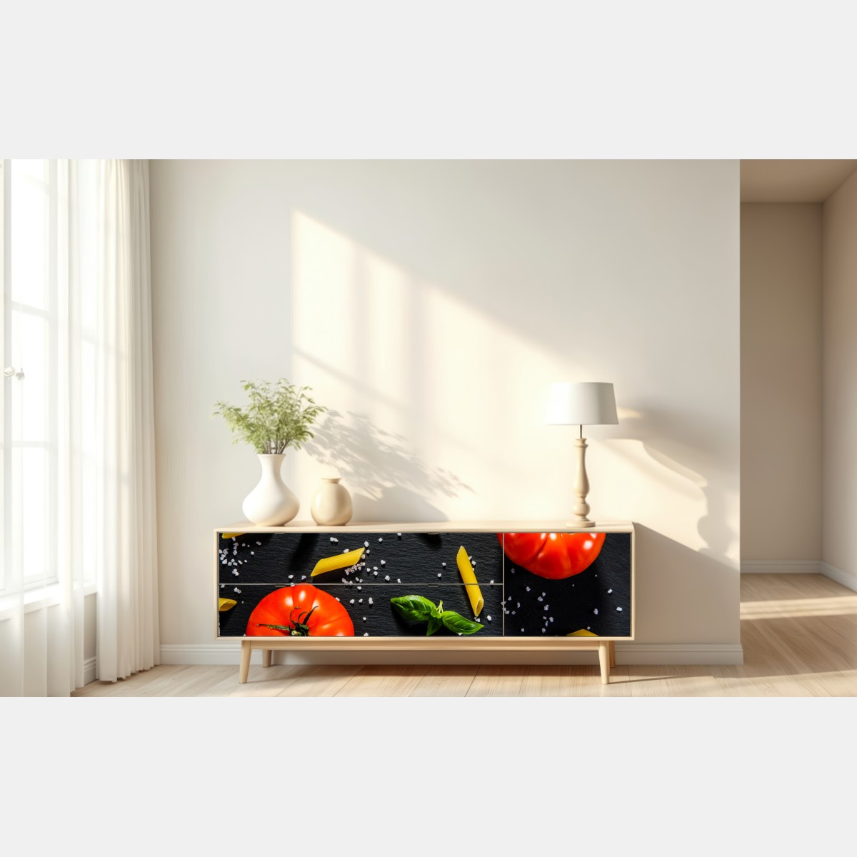 Naklejka repozycjonowalna pomidory i penne na czarnym łupku – Wallissimo® Naklejka repozycjonowalna pomidory i penne na czarnym łupku – Wallissimo®